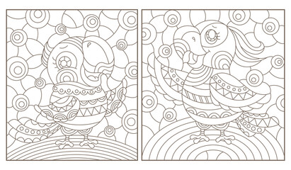 Set of outline illustrations in the style of stained glass with abstract parakeets , dark outlines on white background, rectangular images