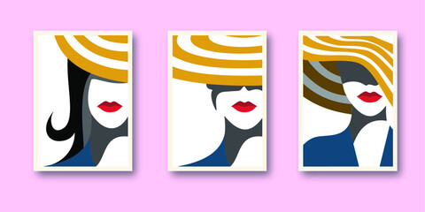 Abstract Style Vector Painting Portrait of a young woman wearing three yellow patterned hats in a frame on a pink wall. 3 wall art design ideas, beautiful room décor