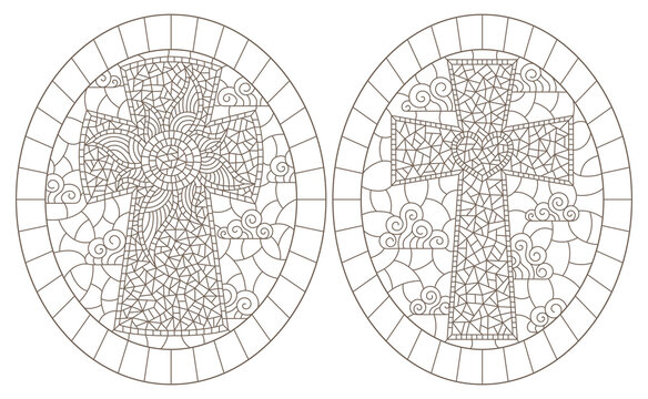 Set of contour illustrations in stained glass style with Christian crosses, dark outlines on a white background, oval images in frames