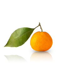 Tangerine or clementine with green leaf isolated on white background