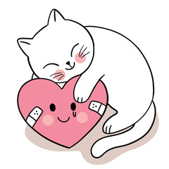 Hand draw carton cute Valentine day, Cat and sadness heart vector.