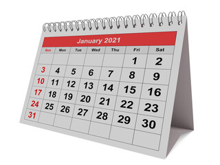 Monthly calendar - month January 2021