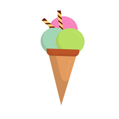 colorful ice cream balls in a waffle cup with inserted waffle tubes on a white background