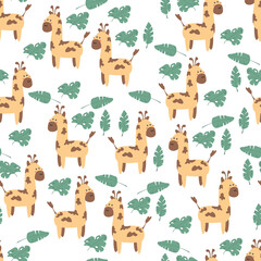 Seamless background with cute giraffes. Decorative wallpaper for the nursery in vector, suitable for children's clothing, interior design, packaging, printing.