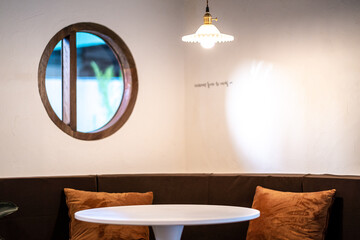 Cafe shop mood minimal interior design Blur background. Minimalistic Scandinavian interior
