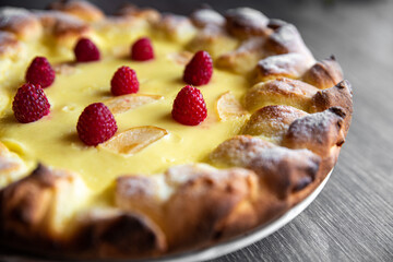 Soft focus. Baking pastries on holidays. Close up on golden color cheesecake. Bakery or restaurant desserts. Traditional europian sweets. Fresh and crispy cheese pie on gray wooden background.