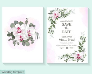 Floral template for wedding invitation. Pink royalty ohrchid, watercolor background, eucalyptus.