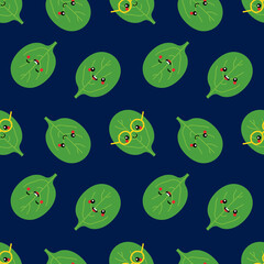 Cute and smiling cartoon green spinach leaves characters vector seamless pattern background for healthy food design.