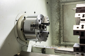 Cnc machine. The CNC lathe machine or Turning machine. Turning numerical control machine with tools and chuck.