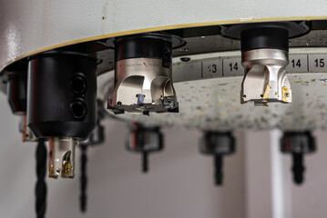 Mill turret. Tool magazine of cnc machine, turning, milling. Various tool for milling. © Chawran