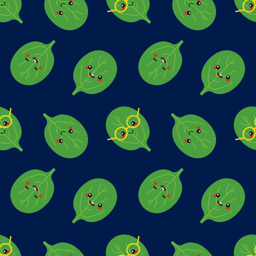 Cute and smiling cartoon green spinach leaves characters vector seamless pattern background for healthy food design.
