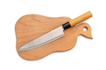 Kitchen knife on cutting board. Isolated on white.