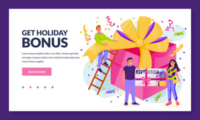 Loyalty program and rewards concept. People with gift voucher or bonus card and giant present box. Vector illustration