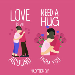 Two shots of couple hug each other with all of love on red background. Roses and hearts are floating around them.