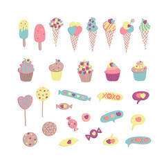 Set Valentine sweets heart drawn, vector drawing. Ice cream, sweets, lollipops, cupcakes. Bubble speech with text XOXO. Pastel colors - yellow, pink, blue and brown. Romantic design element.