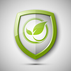Eco Protect Logo Template Design. Ecological shield label. Plant icon. Herb badge. Young flower sprout from the root picture. Ecology tag. Grass illustration. Greenery chek