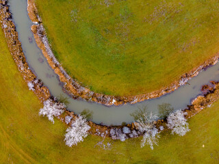 Top view to the Altmühl River during a frozen morning