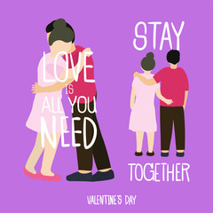 A couple hug each other tightly and walk home together. Pink background.