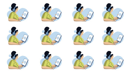 Fototapeta premium Seamless background pattern of a woman character working with tablet illustration.