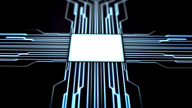 Human finger is pressing a digital button on a touchscreen. Futuristic microprocessor is starting the operation of the computer program. Machine learning and artificial intelligence concept.