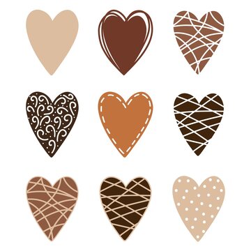 Vector set with chocolate colors decorated hearts isolated on white background for Valentines day, love design. Hand drawn hearts of different ethnicity colors. Graphic elements, Stop racism concept.