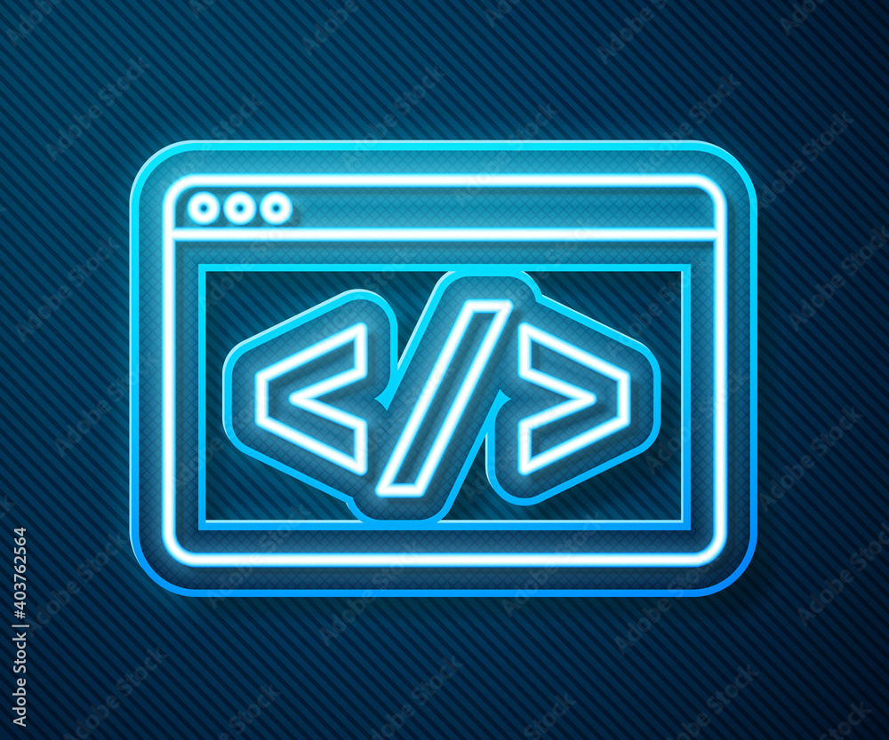 Wall mural glowing neon line web design and front end development icon isolated on blue background. vector.