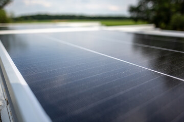 Close up of a solar panel on the roof of a caravan