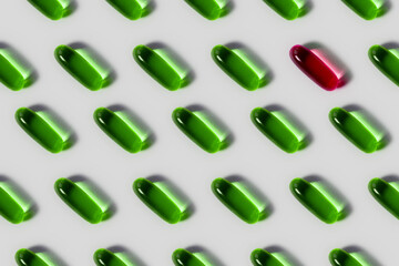 Pharmaceutical medicine pills, tablets, and capsules on a white background. Flat lay. Copy space. Medicine concepts. Protect Coronavirus or Covid 19. Cure infection. Selected focus.