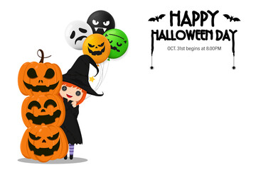 Illustration Happy Halloween Day. Holiday concept with horror characters , cute little girl wearing a witch costume and pumpkin smile spooky scary isolated on white background with copy space , vector
