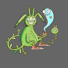 Card with  cute cartoon monster. Funny fairy animal print. Line art doodle creature poster. Illustration for children.