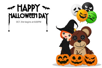 Illustration Happy Halloween Day. Holiday concept with horror characters , cute little girl wearing a witch costume and pumpkin smile spooky scary isolated on white background with copy space , vector