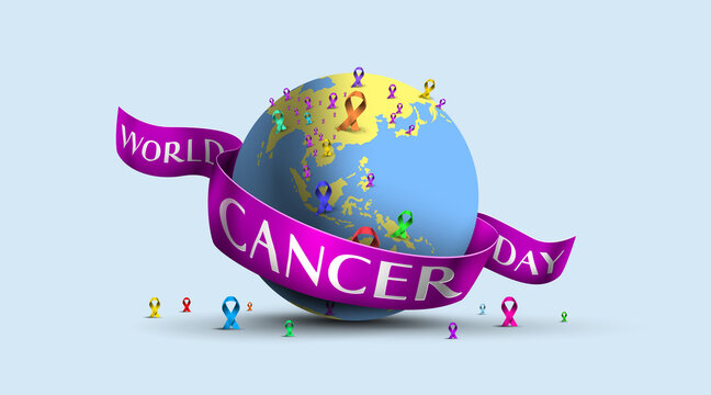 World Cancer Day Concept With Globe And Purple Awareness Ribbon. Lavender Purple Color Symbolic Ribbons For Raising Awareness Of All Kind Tumors Supporting People Living