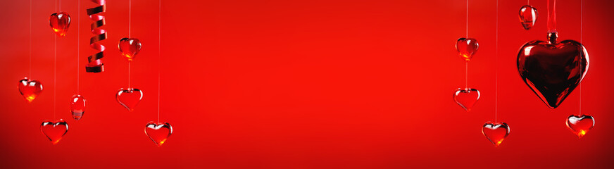 Red glass hearts pendants. big and small. St Valentines Day greeting card banner or Mother's Day. Thank you card on red background coy space. 14 February or holiday sale minimal template