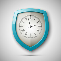Protected guard shield clock icon . Safety badge watch icon. Privacy colorful banner shield. Security clock label. Defense watch tag. Presentation clock sticker shield. Defense safeguard watch sign