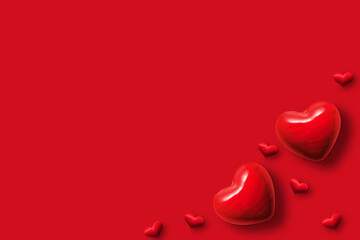 abstract hearts on red background for valentines day, wedding and greeting cards. Copy space for text. 3D illustration