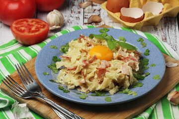 A plate with traditional pasta carbonara