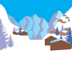 Fototapeta na wymiar Winter snowy hills, mountain resort, flat vector stock illustration with winter landscape, nature with countryside and houses