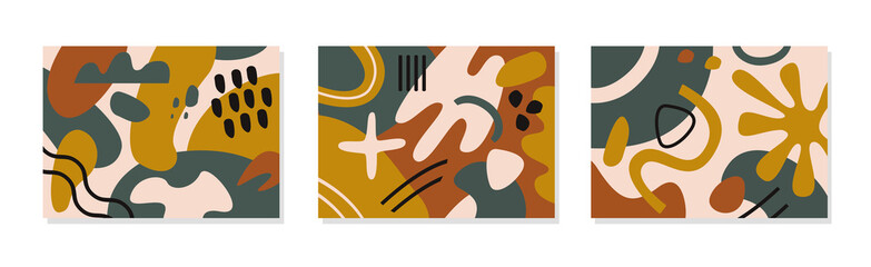 Trendy set of abstract collages with colorful organic shapes and lines. Modern vector design backgrounds for social media, banners, covers, invitations