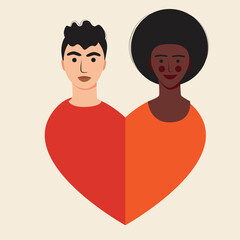 Multicultural couple isolated, heart head valentine card, flat vector stock illustration with romance african girlfriend and boyfriend