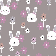Seamless pattern with cute cartoon bunny and flowers for fabric print, textile, gift wrapping paper. colorful vector for kids, flat style