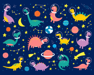 Space dinosaurs in a spacesuit are flying into space. Trendy grunge texture or print for kids design. Vector illustration