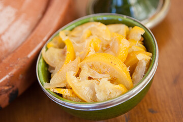 Moroccan pickled lemons in tajine, Marrakesh, Morocco, West Africa, Africa.