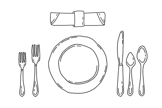 Table Setting Isolated On A White Background. Serving In Doodle Style With Plate, Forks, Spoons, Knife And Napkin. Dinner Etiquette.