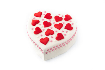 Heart cake for St. Valentine's Day, Mother's Day, or Birthday, decorated with sugar hearts isolated on white background