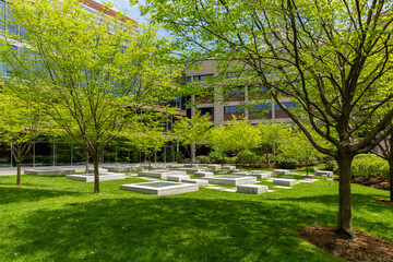 General view of a courtyard of a university campus, Cambridge, Massachusetts, USA.