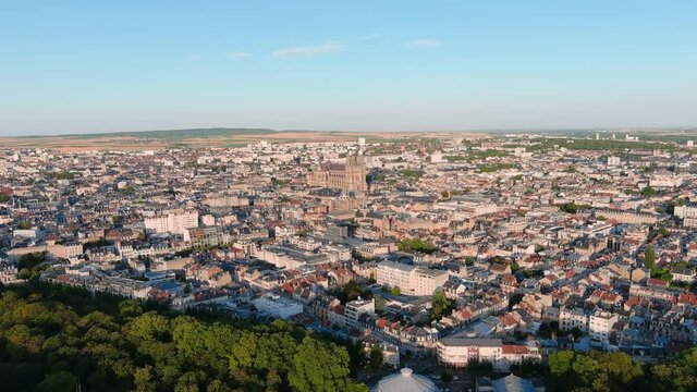 Reims, France: Aerial view of cathedral Cath&eacute;drale Notre-Dame de Reims in historic city center - landscape panorama of Europe from above