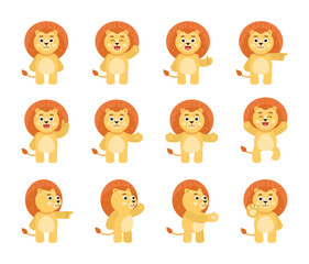 Set of cute lion character showing various gestures, poses. Cartoon lion celebrating, pointing, greeting, showing thumb up and other gestures. Vector illustration