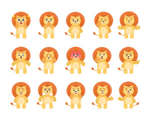 Set of cute lion characters showing various emotions. Cartoon lion crying, begging, sad, angry, suspicious, happy and showing other expressions. Vector illustration