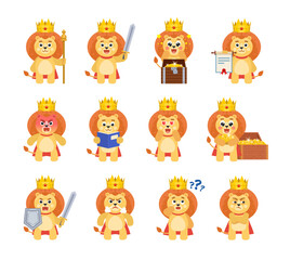 Set of lion king characters in various situations. Cartoon lion with crown holding sword, treasure, document, reading book, thinking and showing other actions. Vector illustration