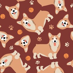 Seamless vector pattern with corgi, ball and pawprint. Dog breeds.